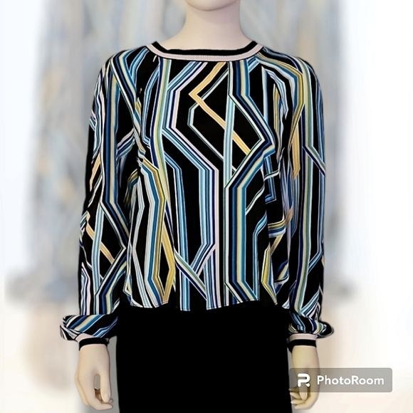 VTG BISOU BISOU Geometric Striped Mod Festival Disco Blouse Medium - Picture 1 of 11